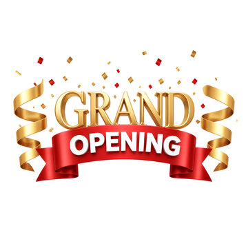 Grand opening banner with gold ribbons and confetti on black background for