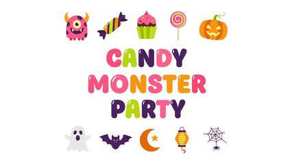 Fototapeta premium Halloween Candy Monster Party: A whimsical collection of colorful Halloween-themed illustrations, including a friendly monster, candy, cupcakes, lollipops, and pumpkins.