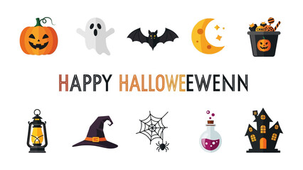 Obraz premium Halloween Icons Collection: A vibrant and fun assortment of classic Halloween symbols, including a pumpkin, ghost, bat, moon, candy bucket, lantern, witch's hat, spiderweb, potion, and haunted house.