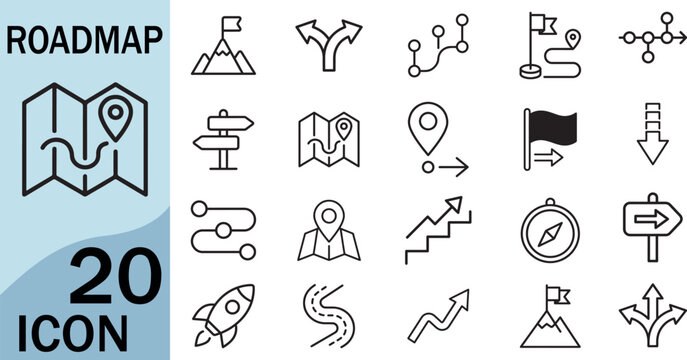 Roadmap icon set representing navigation and travel planning