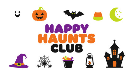 Obraz premium Happy Haunts Club Halloween Icons: A festive collection of classic Halloween symbols, including a smiling ghost, carved pumpkin, bat, candy corn, crescent moon, witch hat, spider web, candy bucket.