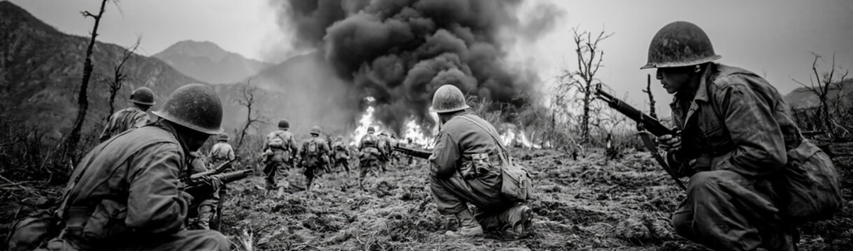 Battlefield Chaos: Soldiers in combat gear take cover amidst explosions and smoke, capturing the intense chaos and grim reality of war in a monochromatic scene.