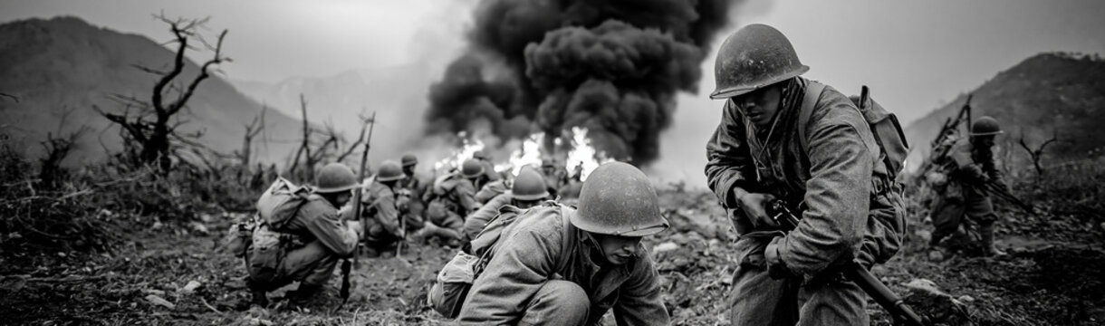 Soldiers in Combat: A dramatic black and white depiction of soldiers in a war zone, amidst explosions and smoke, showcasing the intensity and chaos of battle.