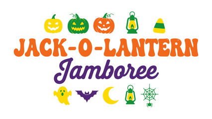 Fototapeta premium Jack-o'-lantern Jamboree: A festive graphic celebrating Halloween with colorful illustrations of pumpkins, ghosts, bats, candy corn, and lanterns, inviting everyone to join the fun.