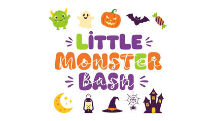 Fototapeta premium Halloween Monster Bash: A fun and festive collection of Halloween icons surrounds the bold text LITTLE MONSTER BASH, perfect for party invitations or decorations.