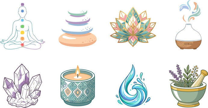 Holistic wellness and spa icon collection featuring meditation chakra points lotus flower essential oil diffuser crystals and herbal remedies