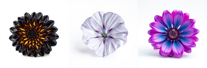 Obraz premium Floral arrangement showcases three distinct blooms. Each flower exhibits unique color, texture, petal structure. Simple white background emphasizes floral beauty.