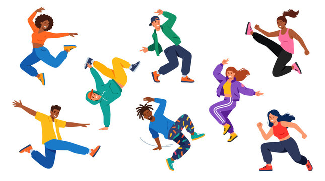 Energetic Young People Dancing Set of Hip Hop Street Dancers Characters in Action Poses