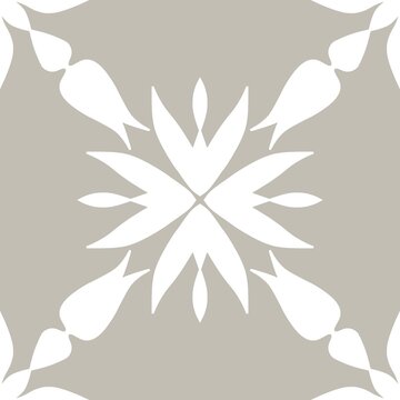 Beige Geometric Floral Tile Pattern with Symmetrical Ornamental Design