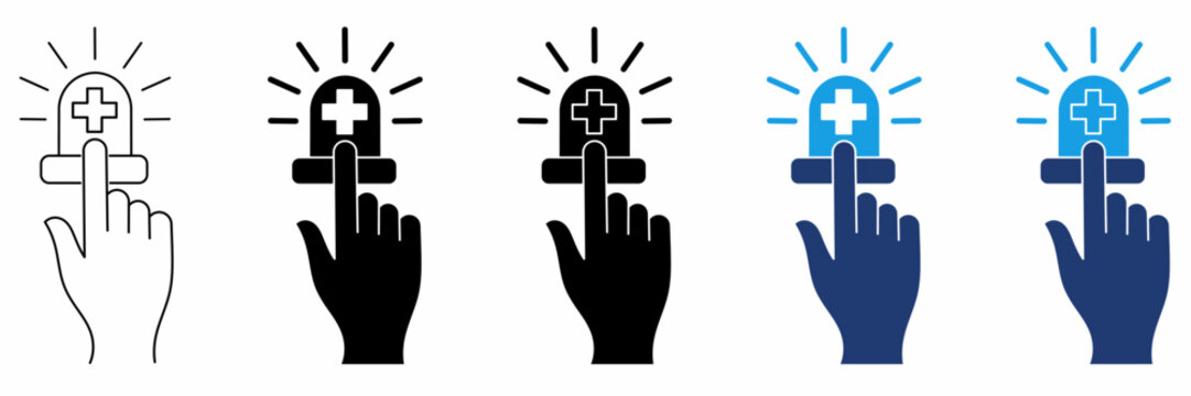 Medical Emergency Alarm Button Icon Set. Featuring First Aid Alert, Hospital Notification, Patient Care, and SOS Signals. Linear and Filled Icons