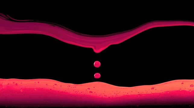 Vivid pink and red liquids swirl and drip against a stark black background