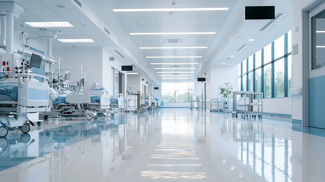 Modern Hospital Corridor: A brightly lit, spacious corridor in a contemporary hospital, lined with beds, medical equipment, and large windows offering a view of the outdoors.