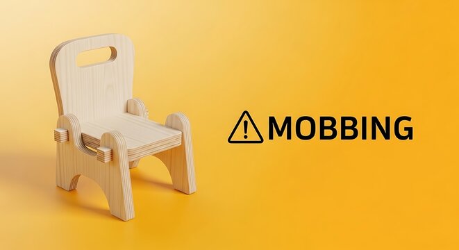 Workplace mobbing concept with wooden chair on yellow background, harassment and bullying at work, empty office seat with warning sign