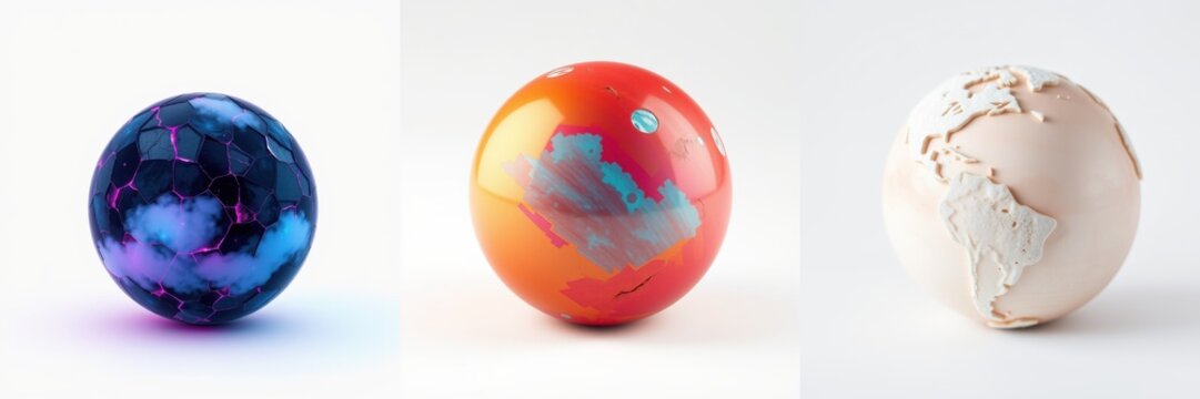Three spherical objects resembling planets. Each displays unique textures, colors, continental formations. Minimalist studio shot.