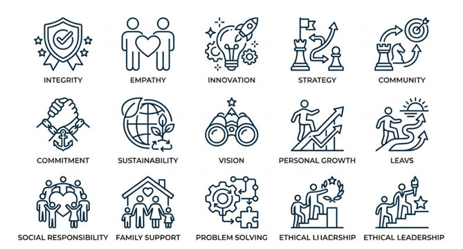Complete core values line icon pack with integrity empathy and vision