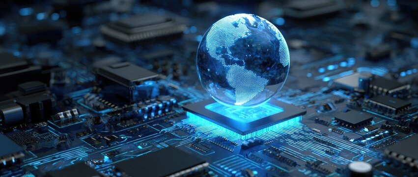 Glowing Earth floats atop a radiant processor on a complex circuit board