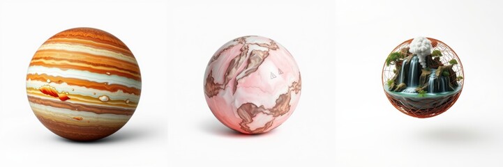 Fototapeta premium Spheres depict planet Jupiter, marble texture, waterfall scene. Minimalist studio shot, white background, simple composition.
