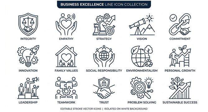 Core values line icons with integrity empathy strategy vision and innovation
