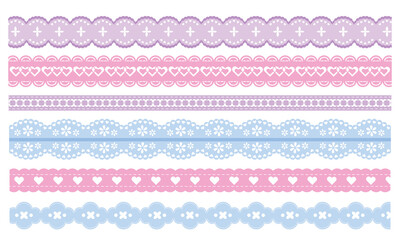 Fototapeta premium Delicate pink blue lace borders with scalloped edges, hearts, floral pattern, realistic vector seamless design isolated on background. Retro trim frame for vintage scrapbook design, wedding invitation