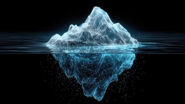 Ethereal, glowing iceberg silhouette in dark water with underwater reflection
