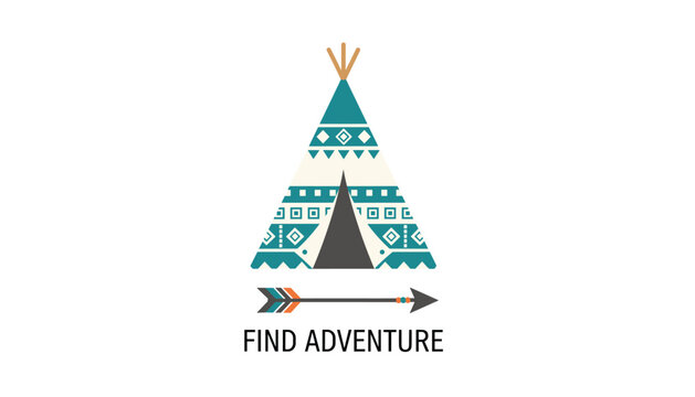 Native american teepee tent decorated with traditional patterns sits above a single arrow with find adventure text.