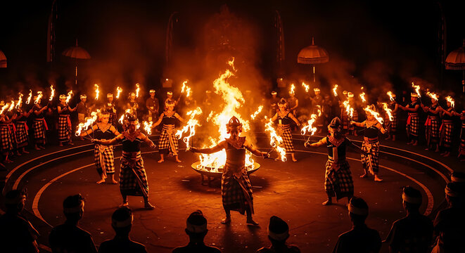 Traditional Balinese Kecak fire dance performance at night in temple