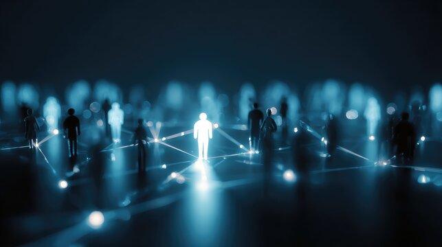 A glowing figure stands at the center of a connected network of abstract human silhouettes