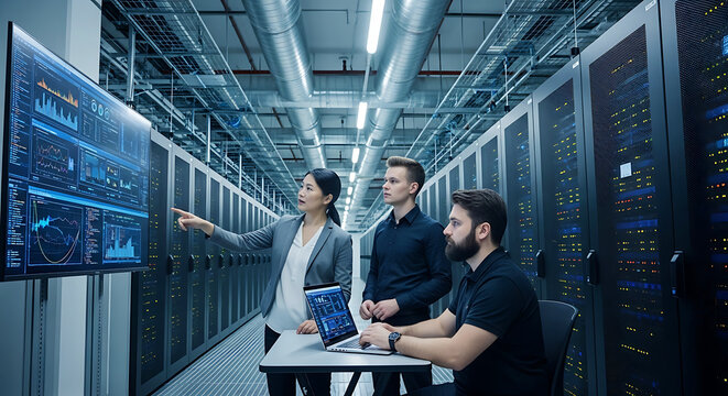 Three people in data center looking at large screen with charts and laptop server room technology
