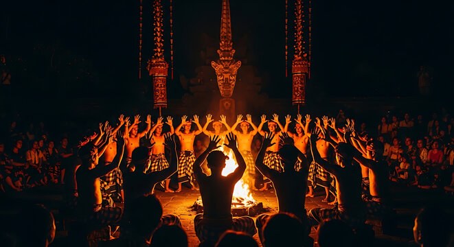 Group of men performing sacred Kecak dance around fire in Bali