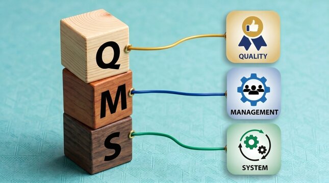A 3D infographic featuring stacked wooden cubes with Q, M, and S lettering connected to corresponding icons for Quality Management Systems.