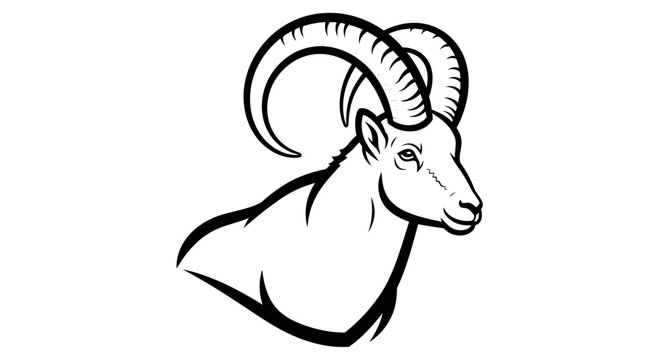 Black and white illustration of a rams head with curved horns