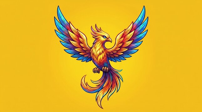 A vibrant digital vector-style illustration of a majestic phoenix with fiery orange, red, and blue feathers, captured mid-flight with outstretched wings against a solid yellow background.