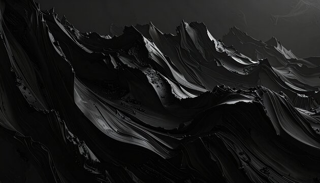 Jagged dark mountain range, abstract sculpted peaks, dramatic light