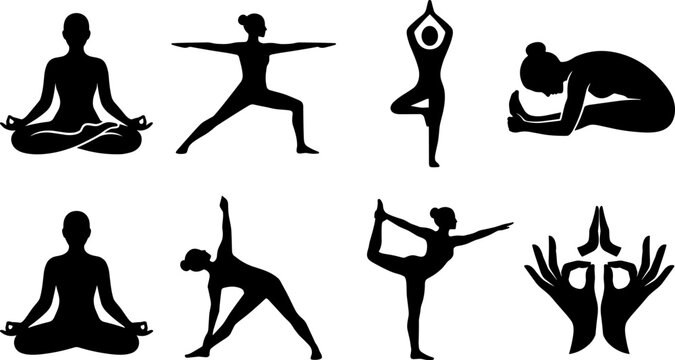 Silhouette collection of vector yoga poses and hand mudras for wellness meditation and fitness design concepts