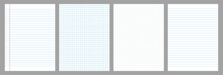 White A4 vector set of craft grid paper textures.  Seamless notebook page backgrounds with blue dotted lined and patterns for digital planning and bullet journal for writing. editable template. © Kim Phuong Art