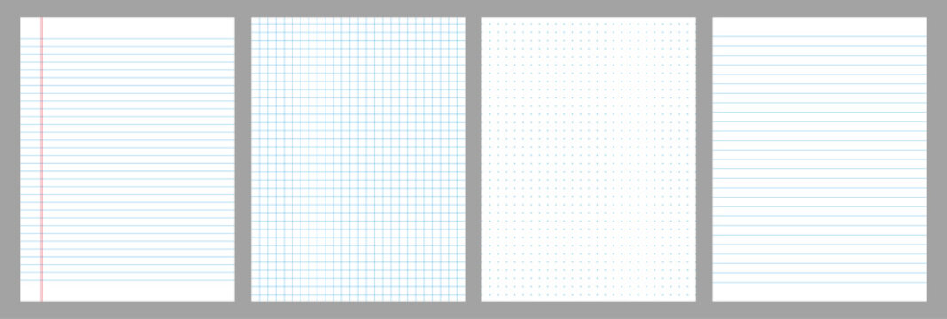 White A4 vector set of craft grid paper textures.  Seamless notebook page backgrounds with blue dotted lined and patterns for digital planning and bullet journal for writing. editable template.