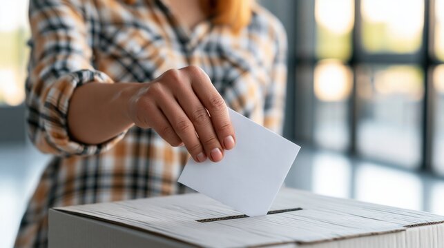 Close up of a woman hand putting a paper ballot into a voting box.