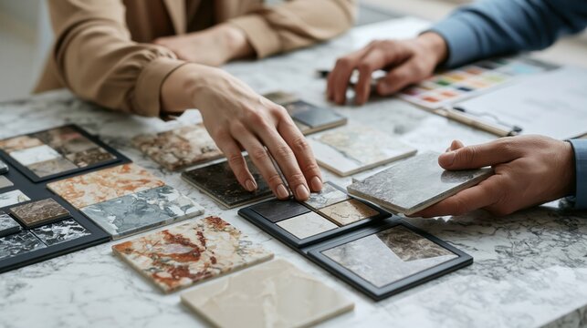 Interior designer and client choosing marble tile samples for kitchen renovation project.