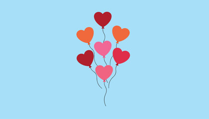 Fototapeta premium Bunch of vibrant heart shaped helium balloons float peacefully together against a soft blue background sky.