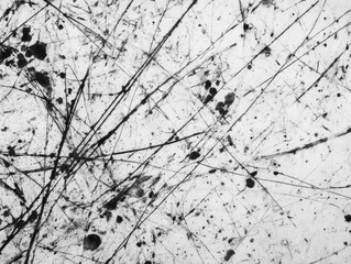 Fototapeta premium Chaotic abstract of black ink splatters and scratches on a white surface