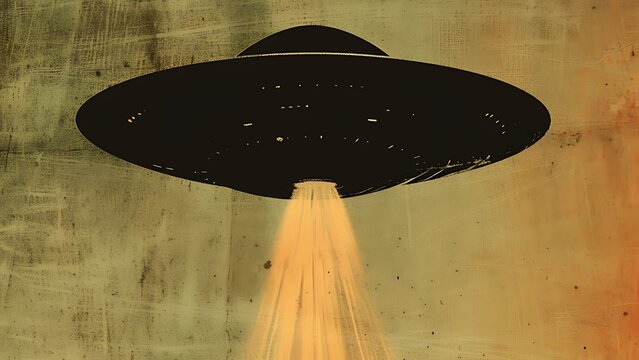 Vintage UFO spaceship flying in the sky and shining light beam down