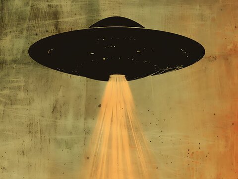 Vintage UFO spaceship flying in the sky and shining light beam down
