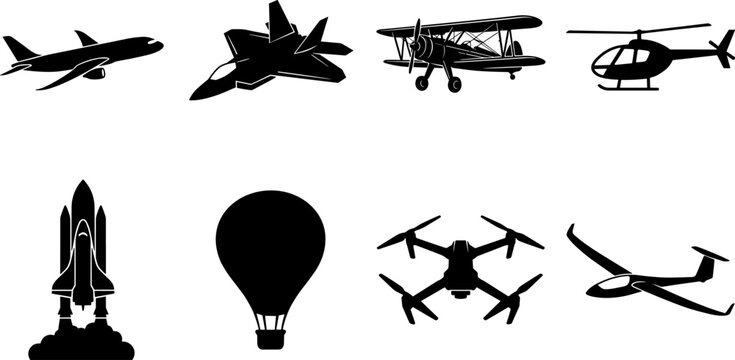 Vector silhouette collection of aircraft and aviation vehicles including commercial airplane jet drone helicopter and space shuttle