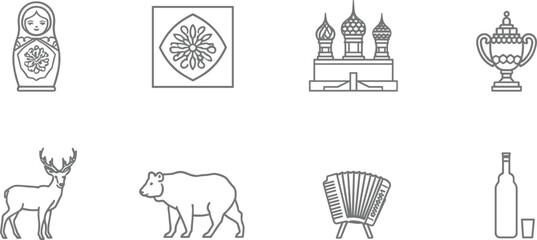 Fototapeta premium Minimalist vector line art icon set featuring Russian cultural heritage landmarks and traditional folklore symbols including matryoshka doll kremlin samovar bear isolated on white