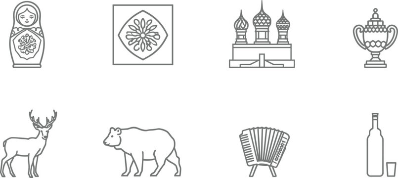Minimalist vector line art icon set featuring Russian cultural heritage landmarks and traditional folklore symbols including matryoshka doll kremlin samovar bear isolated on white