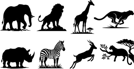Vector silhouettes and illustrations of African safari wild animals including lion, elephant, giraffe, zebra, and cheetah for wildlife design © Utpal