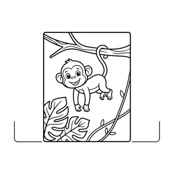 Vector illustration of a cute monkey hanging from a tree branch in a jungle setting.