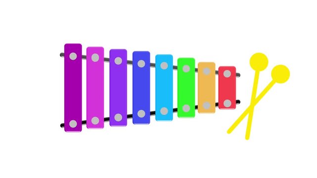Rainbow toy xylophone with mallets playing music on a white background.