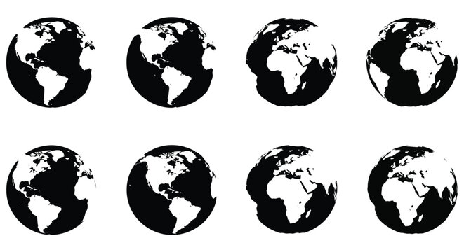 Globe silhouettes depicting earth continents black and white graphic set