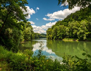 Obraz premium Scenic river winding through lush green trees and hills under a bright blue sky dotted with puffy white clouds